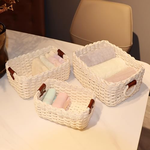 Beige Woven Recycled Paper Storage Baskets for Shelves & Bath (Set of 3)