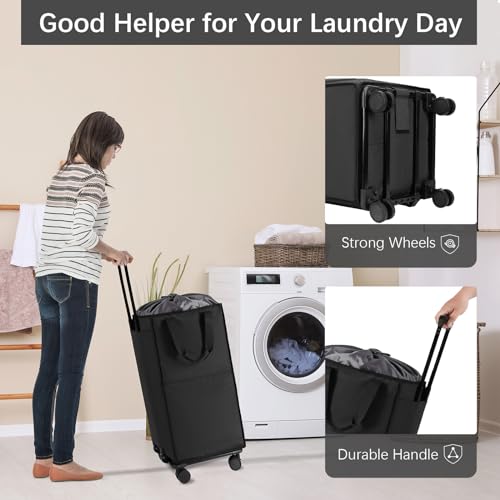 Bukere Large Rolling Laundry Basket, 90L Collapsible Hamper for Clothes Storage, Removable Cart