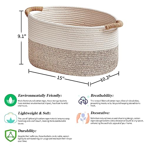 Stylish White & Beige Woven Cotton Rope Storage Baskets - 15"x10.2"x9.1"