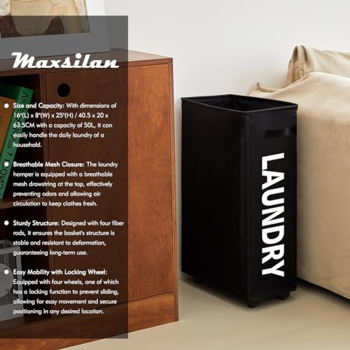 25" Slim Rolling Laundry Basket, 50L Collapsible Black